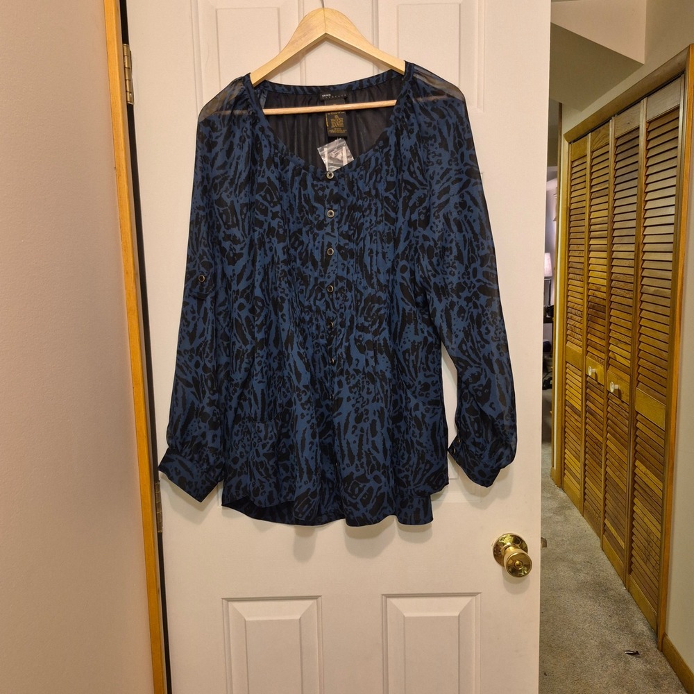 Grace Elements XXL Blue Black Animal Print Pleated Roll-Tab Sleeve Blouse NWT